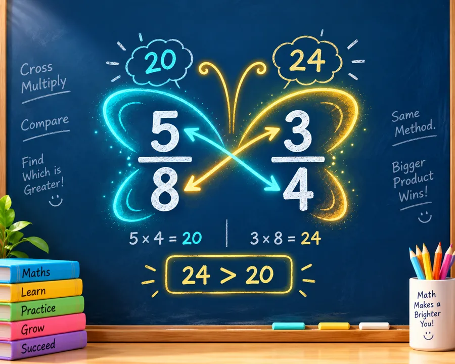 The butterfly method for comparing fractions: cross-multiplying 5/8 and 3/4