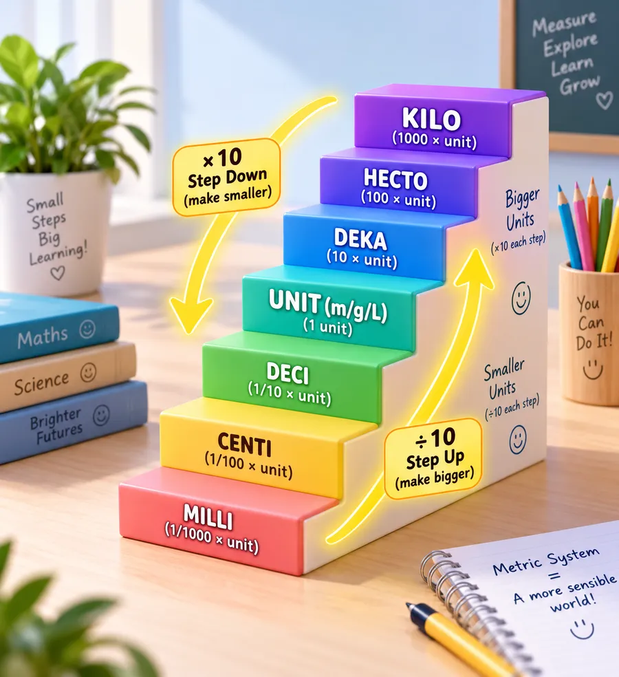 A staircase of metric unit prefixes from milli to kilo, showing how each step multiplies or divides by 10