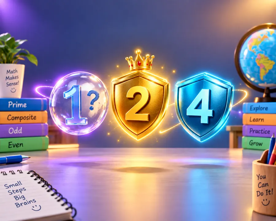 Which of these numbers are factors? 1, 2, and 4 illustrated as a bubble, crowned shield, and shield